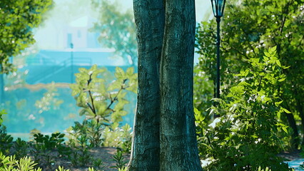 Fototapeta premium Sunlight filters through lush trees in a tranquil park, inviting visitors to relax. Vibrant green leaves surround strong trunks, creating a serene escape from city life.