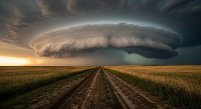 Massive Supercell Thunderstorm Cloud Looms Over a Rural Dirt Road.