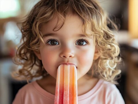 Child enjoys popsicle in kitchen while smiling and having fun during warm summer day