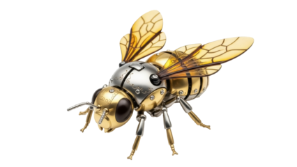 Isolated mechanical honeybee, steampunk art, futuristic insect with golden wings and body