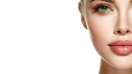 A beautiful model wearing natural-looking makeup isolated on white background, Youth and beauty. Health care concept