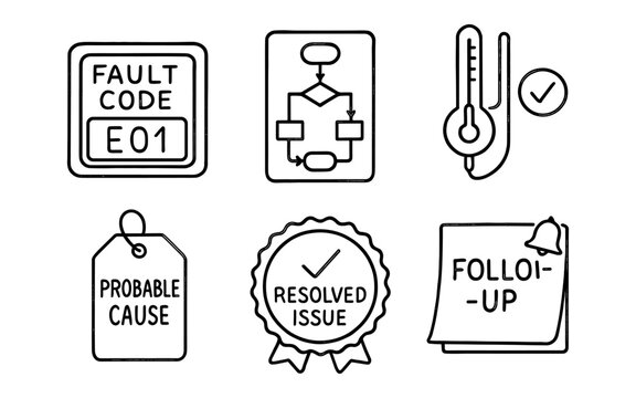 Technical problem resolution icons set with linear style for workflow and analysis