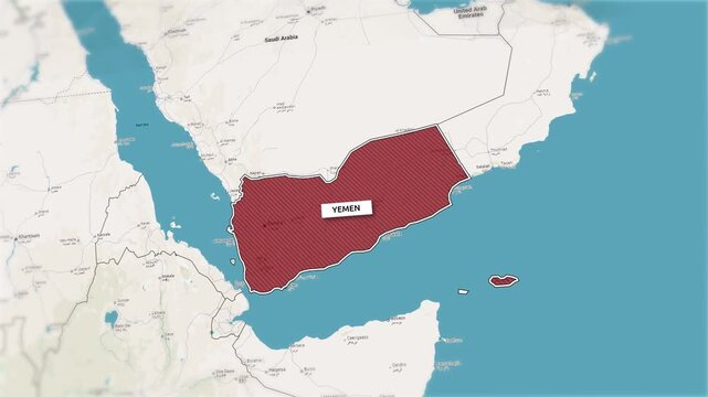 Borders of the state of Yemen on the map. Country Yemen on the map is highlighted by a polygonal border. From above zooming in with panoramic view