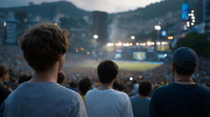 Obraz premium Large city fan zone with massive crowd watching international match, urban backdrop highlighting scale, shared anticipation, and public sports culture. cinematic color correction, natural uneven
