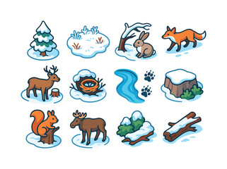 Obraz premium Snowy Woodland Icons. Snowy woodland scenes. Colorful isometric vector icons set of snowy woodland scenes: snow-covered pine, frost-covered clearing, deer near