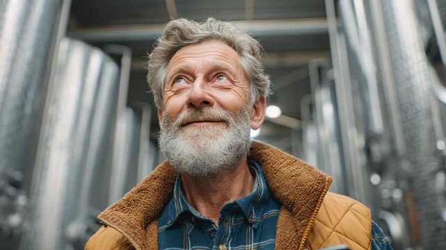 Senior male dairy expert smiling while inspecting milk storage silos, walking with tablet along stainless steel row,