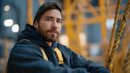 Specialized labor environments require workers to remain secured with ropes, ensuring safe access to vertical or unstable work areas. cinematic color correction, natural uneven lighting yet gentle