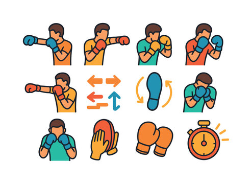 Colorful Boxing Icons. Boxing drills. Colorful flat vector icons set of boxing drills: jab icon, cross punch, hook punch, uppercut symbol, jab?cross combo,