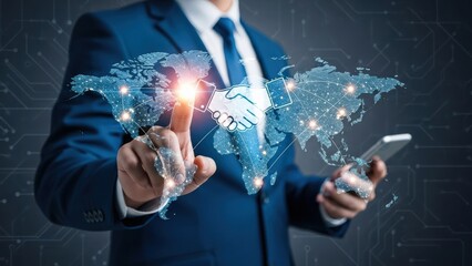 Professional executive engages with a glowing holographic world map, symbolizing global business partnerships and interconnected digital networks