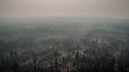  A dense, lush forest transformed into charred, blackened earth after a fire, aerial view with hazy atmosphere and deep depth of field showing the devastating impact of wildfire on nature.