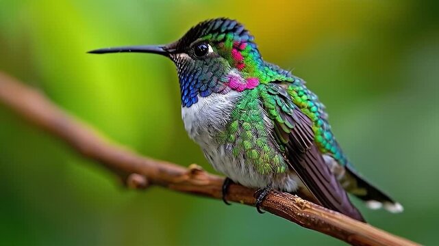 Jeweled Hummingbird on a Perch: A stunning hummingbird, adorned with vibrant emerald, sapphire, and ruby hues, perches serenely on a slender branch, showcasing nature's artistry.