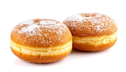 Two delicious powdered sugar donuts on a white background.
