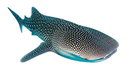 Isolated underwater whale shark showing pattern of spots, a gentle giant, tropical waters