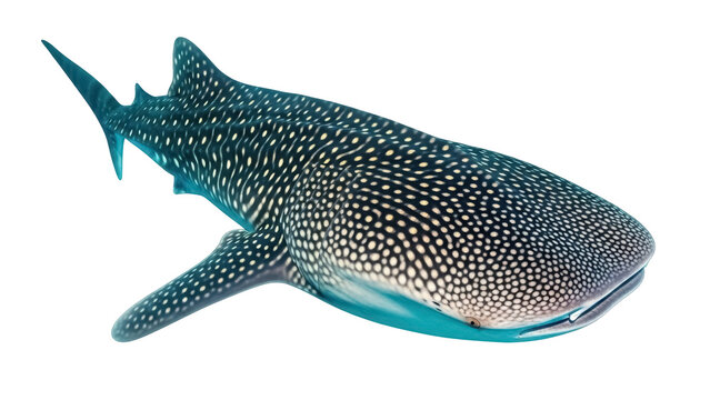 Isolated underwater whale shark showing pattern of spots, a gentle giant, tropical waters