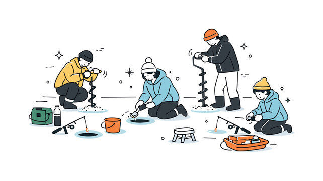 Ice Fishing Preparation. Group ice fishing on holiday setup. People drilling holes in the ice and arranging simple fishing gear nearby. Preparation, focus and