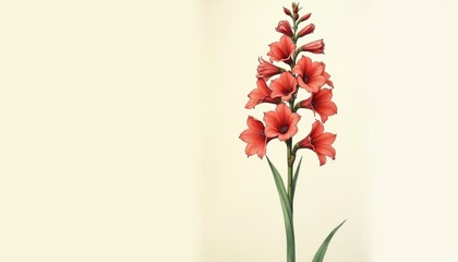 Red gladiolus flower in minimalist style on soft background  