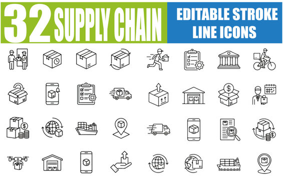 Set of Line Icons Related to Supply Chain, Value Chain, Logistic, Delivery, Manufacturing, Commerce - Outline Icon Collection, Vector Illustration with Editable Stroke, SEO Optimized and Top Ranked on