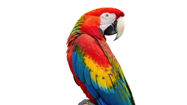 Isolated scarlet macaw parrot on a perch, colorful exotic bird with bright feathers