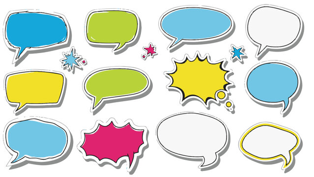 Collection of colorful speech bubbles and thought bubbles in various shapes and sizes on a white background from a straightforward viewpoint