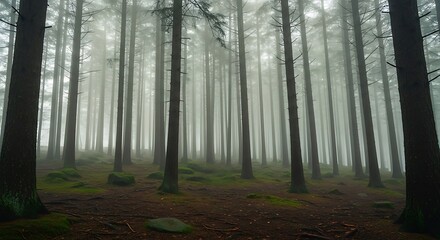 Naklejka premium Ethereal Forest - Misty Sunlight Through Towering Trees.