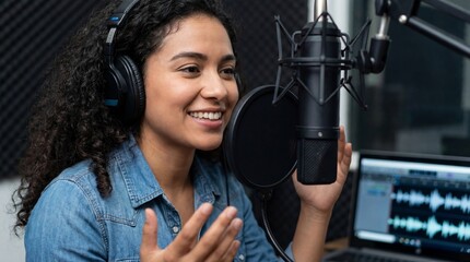 Young woman podcasting with headphones and microphone in recording studio