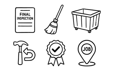 Fototapeta premium Hand drawn doodle icons: inspection, cleaning, trash, repair, approval, employment