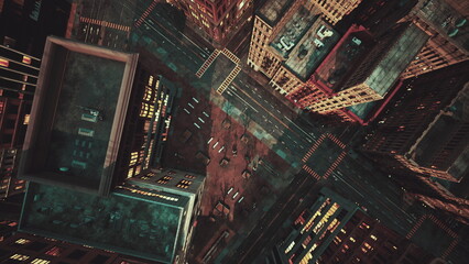 A view from above showcases a bustling city at night. Glowing lights reflect off the buildings,...