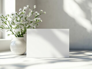 Elegant wedding card invitation mockup in an aesthetic setting with natural daylight and gentle shadow for luxury stationery presentation