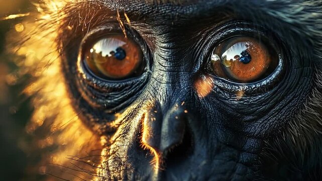 Intense Gaze: A close-up shot of a primate's face, its expressive eyes filled with curiosity and depth, reflecting the world around it.