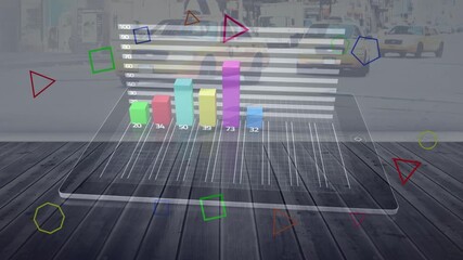 Animation of shapes and financial data processing over tablet and cityscape - Powered by Adobe