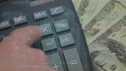 Animation of data processing over calculator and banknotes - Powered by Adobe