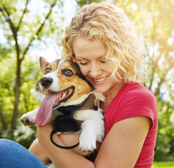 Happy woman, dog and hug outdoor with loyalty, protection and bonding together on summer holiday....