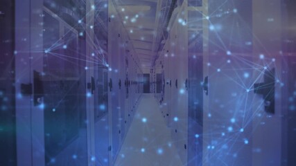 Animation of network of connections and data processing over server room - Powered by Adobe