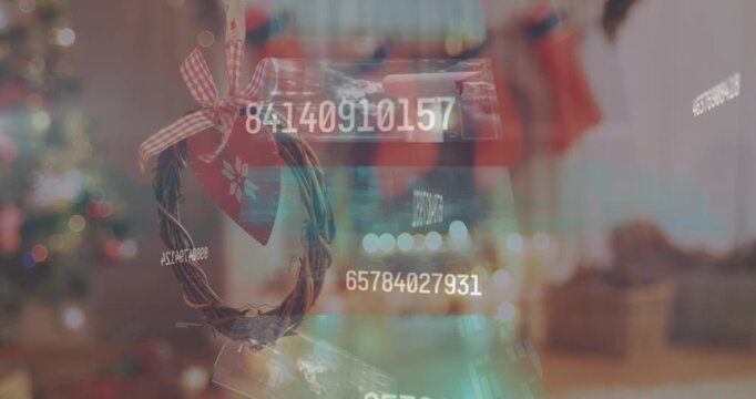 Animation of data processing on screens over christmas decoration