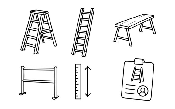 Hand drawn ladders and tools collection: outline style for construction and design
