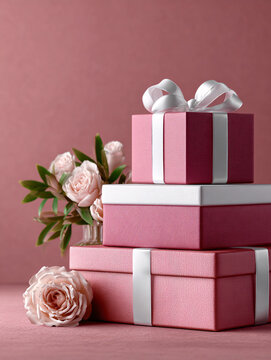 Pink boxes with white ribbons on a soft pink background, creating a romantic and festive mood for Valentine&rsquo;s Day greetings, gifts, and celebration ideas, festive banner