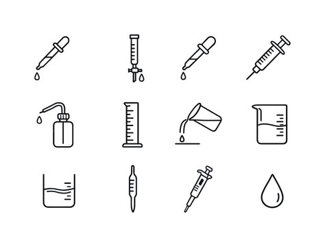 Liquid Handling Icons. Liquid Handling. Line icon set of Liquid Handling: pipette, burette, dropper, syringe, wash bottle, measuring cylinder, pour line,