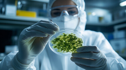 A scientist in a white protective suit holds a petri dish containing moss spores.
