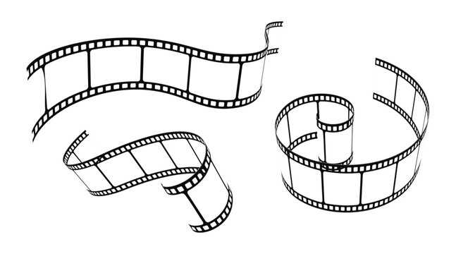 3d film roll. Film strip set with different versions of film. black and white illustration. Movies film background with film roll. 35mm strip. Film strip set vector image. set of film icons.
