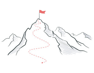 Mountain climbing route to top rock with red flag on peak, vector illustration representing rank titles, career hierarchy, leadership levels, structured promotion progress, business journey toward aut
