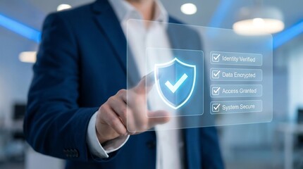 Man in blue suit interacting with virtual security interface with shield and checkmark