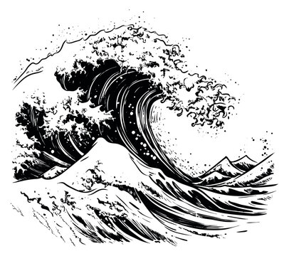 Hand drawn line art illustration of an ocean wave depicting a powerful cresting wave for marine themed design