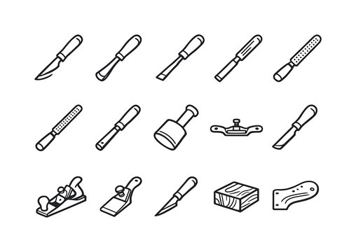 Carving Tool Icons. Carving and shaping tools. Line icon set of Carving and shaping tools: carving knife, gouge, chisel, rasp, file, mallet, spokeshave, plane,