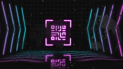 Digital animation of neon qr code against airport data processing on black background - Powered by Adobe