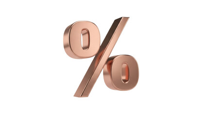 Isolated, shiny rose gold percentage sign stands out in three dimensional rendering