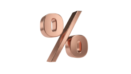 Isolated, shiny rose gold percentage sign stands out in three dimensional rendering