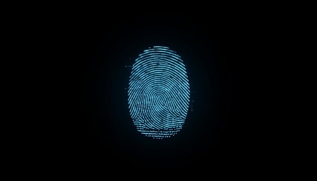 Digital fingerprint graphic illuminating on a black background, representing biometric authentication, personal identity, and advanced security measures for sensitive data and crime investigations - Powered by Adobe