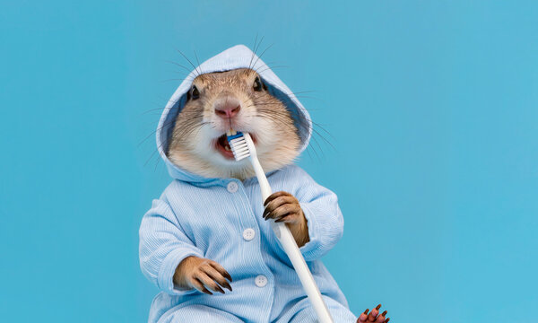 A funny gopher in pajamas with a toothbrush is trying to brush his teeth on a blue background. The concept of oral hygiene