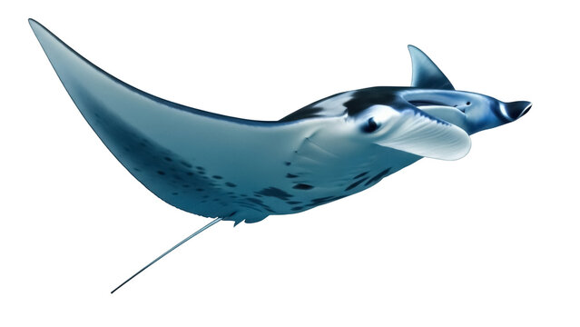 Isolated Manta Ray Gliding Ocean Waters, Underwater Marine Life in Beautiful Vivid Colors