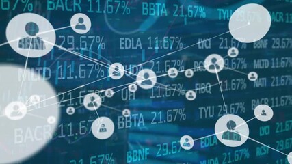 Animation of connections over financial data and graphs on navy background - Powered by Adobe